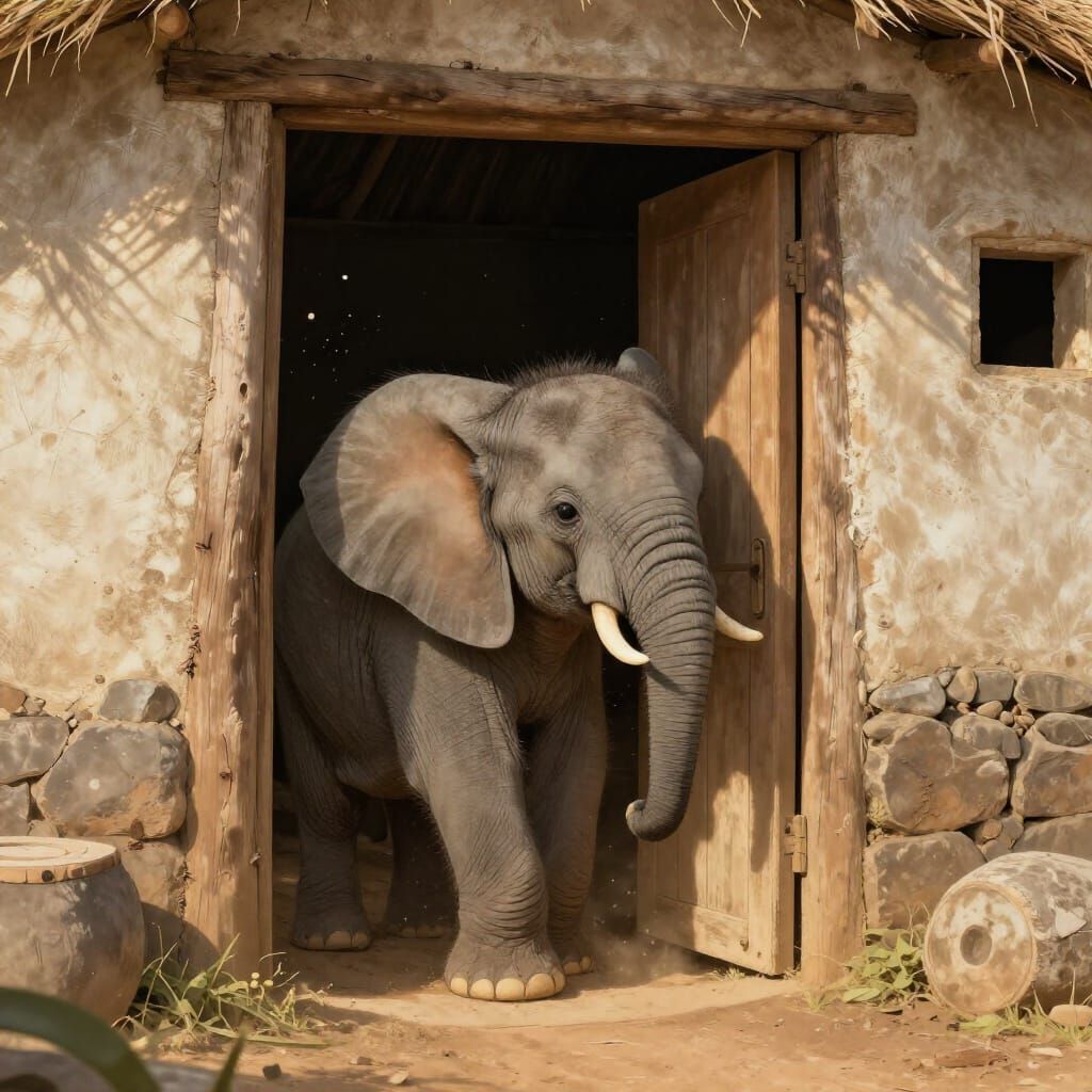 Baby Elephant Stuck in Hut Doorway in Storybook Style