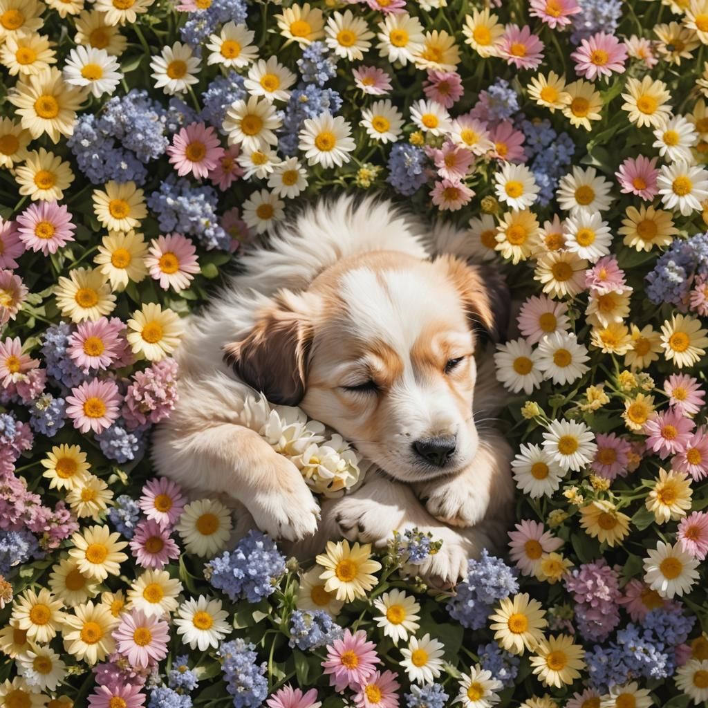 Puppy's Dream: Sleeping in a Floral Paradise