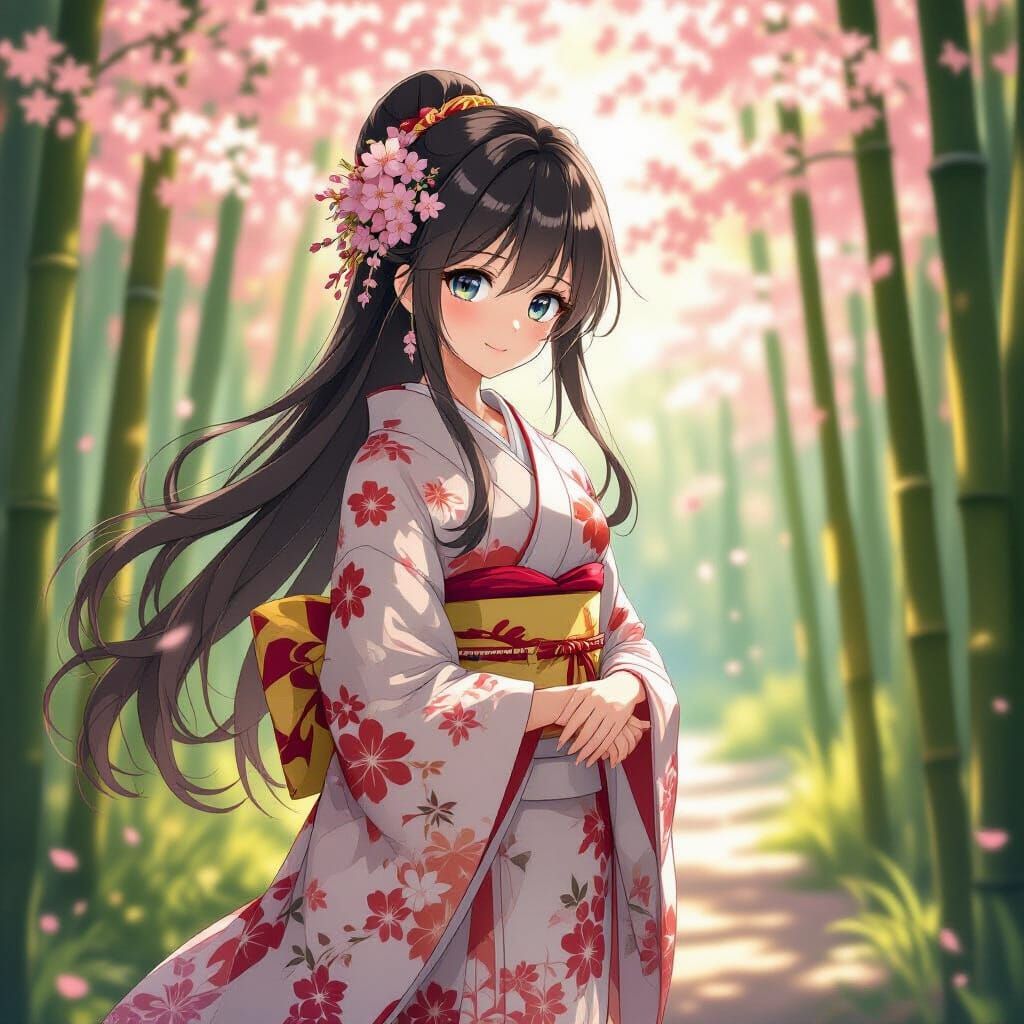 Anime Girl in Bamboo Forest with Cherry Blossoms
