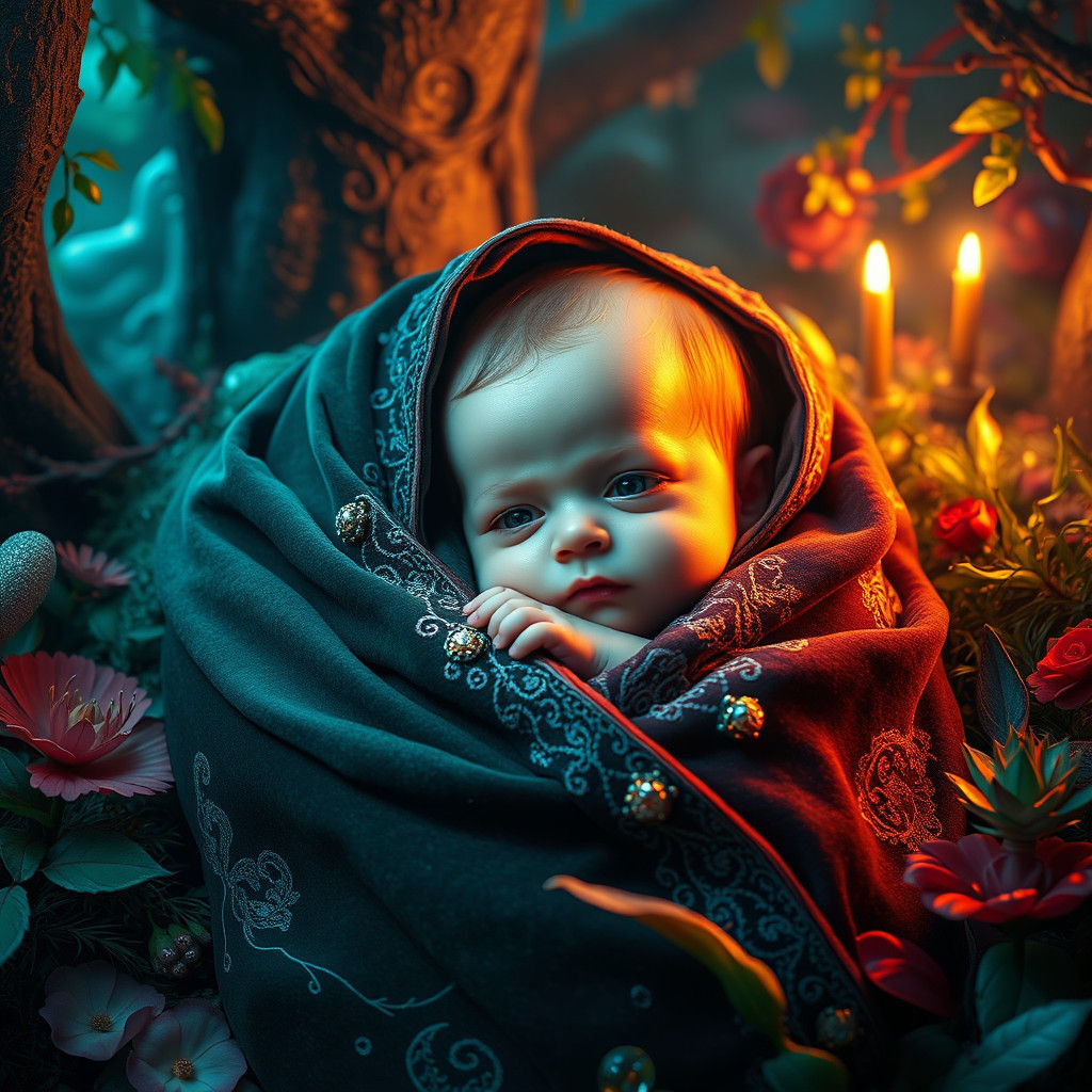 Ethereal Infant in Mystical Landscape, Digital Art