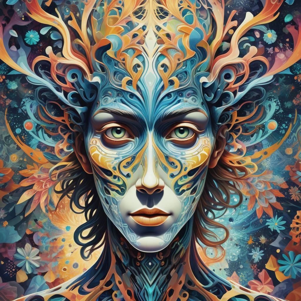 Humanoid Dissolving into Kaleidoscopic Patterns