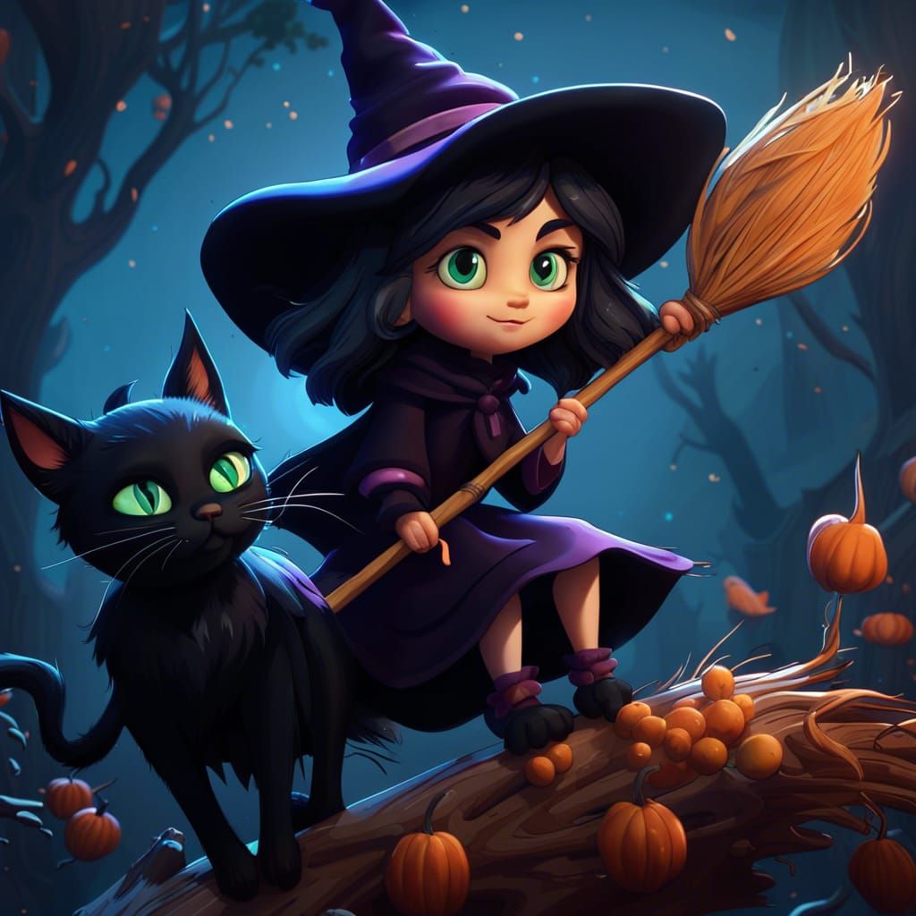 Cute Witch and Cat on Broomstick