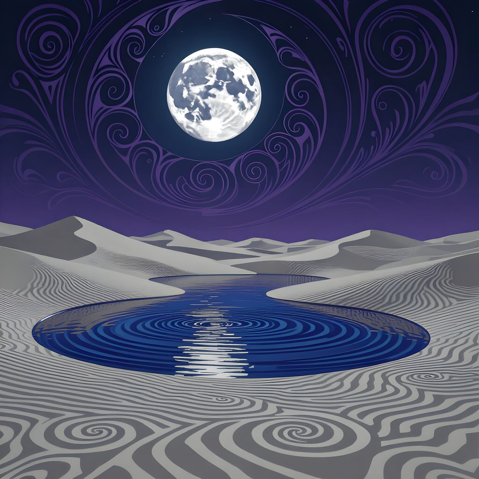 Moonlit Lake in Desert Dunes, Dark Fantasy Art