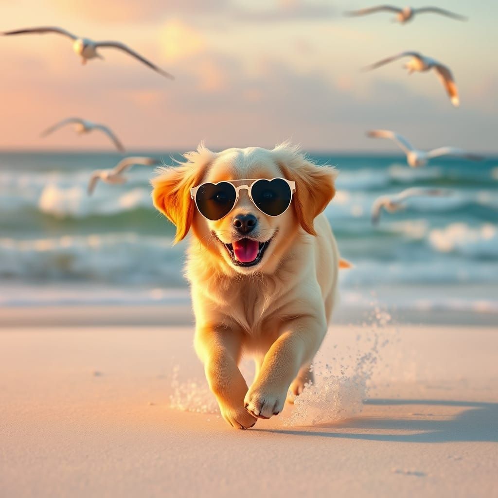 Golden Retriever Puppy Chases Seagulls in Heart-Shaped Sungl...