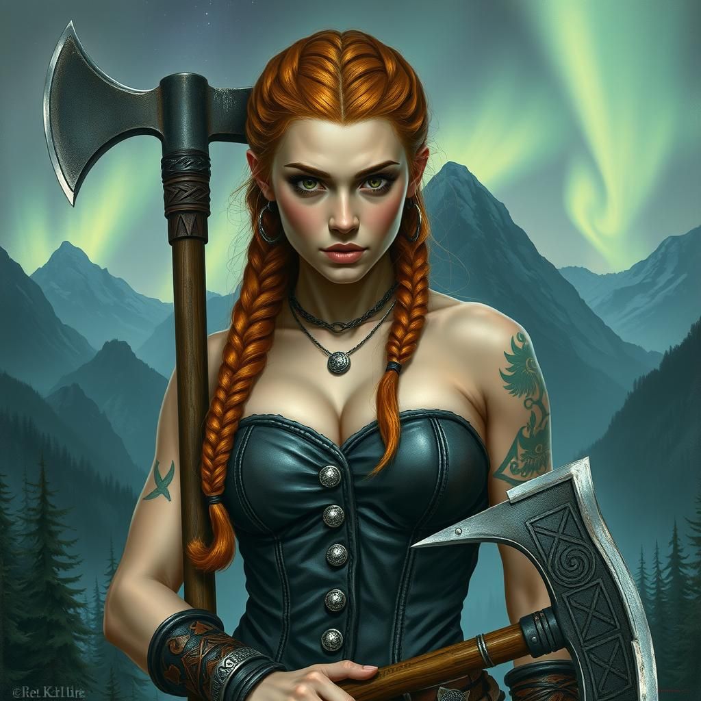 Viking Woman with Battle-Axe in Dreamlike Fjord Landscape