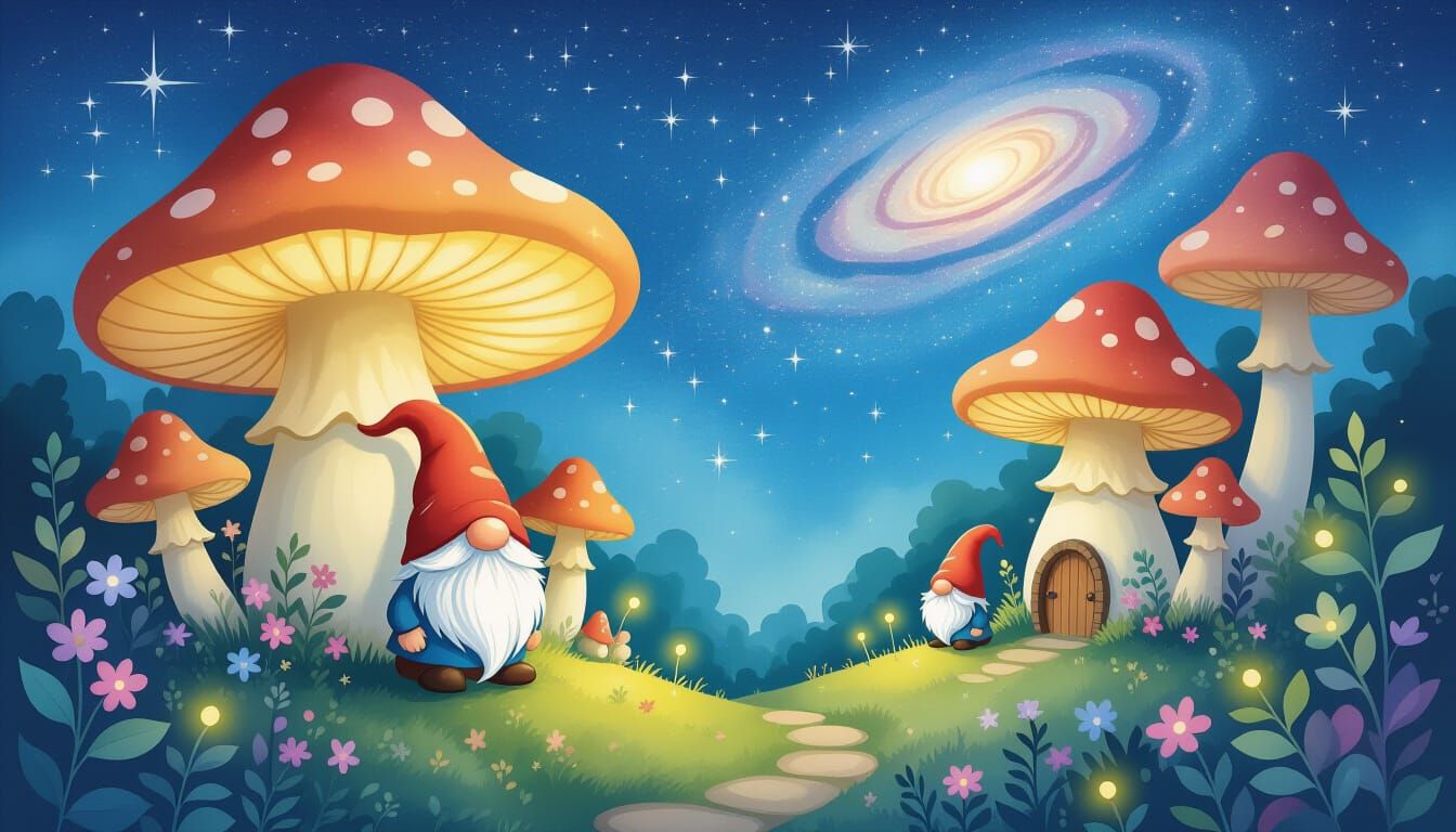 Gnome Village Under Starry Night Sky