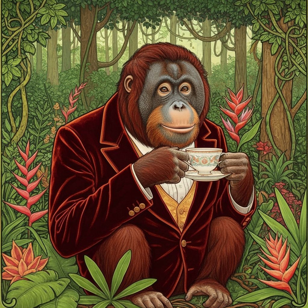 Orangutan Sipping Tea in Art Nouveau Style