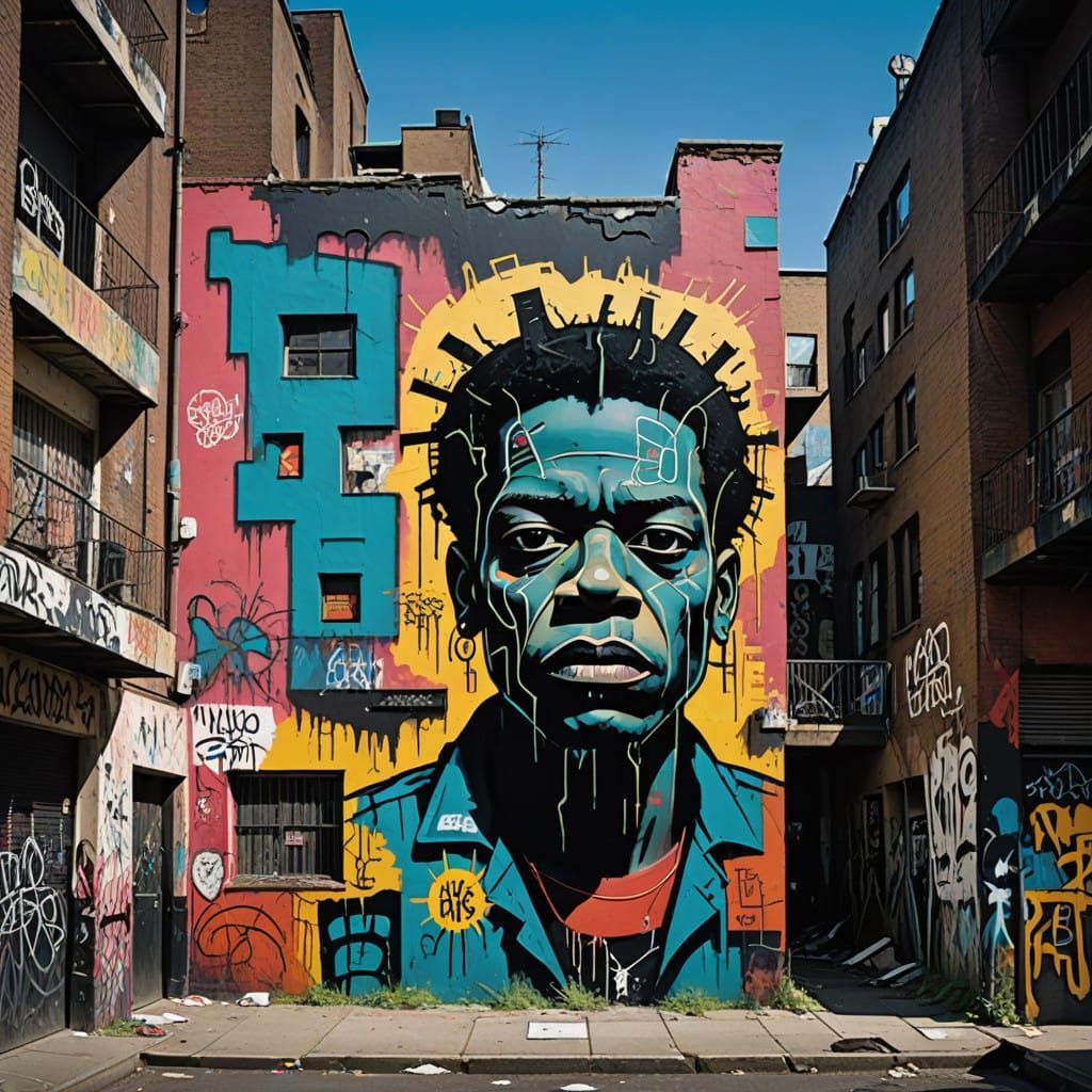 Dystopian Cityscape Dominated by Surreal Street Art