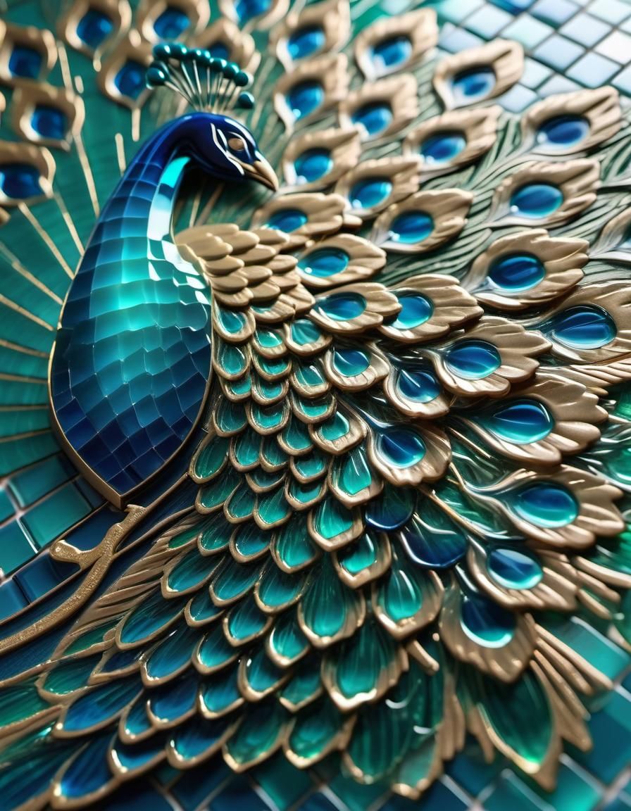 Blue-Green Glass Tiles Embossed with Peacock Design