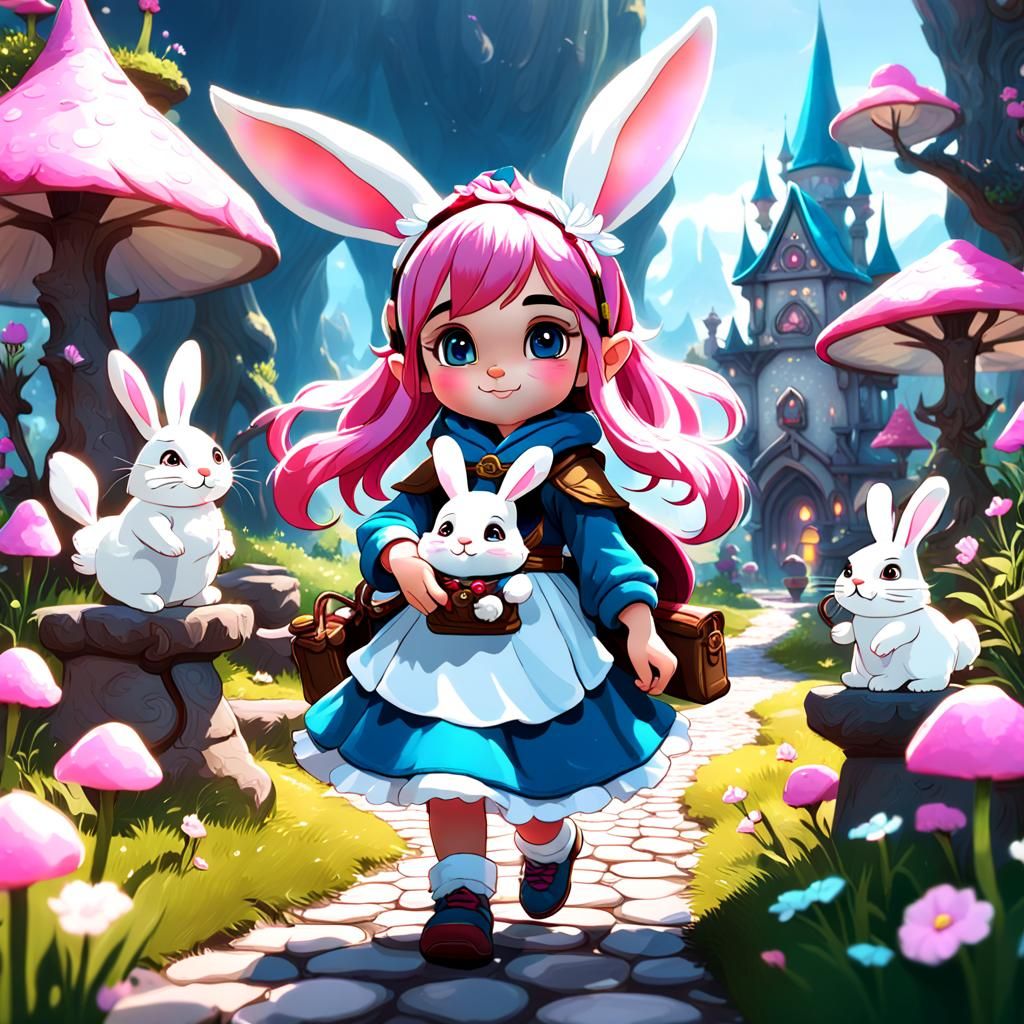 Gnome Woman with White Rabbit in Pink Fantasy