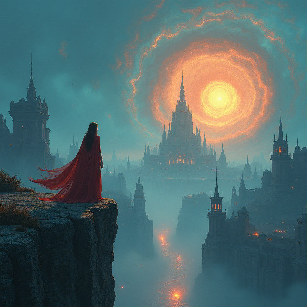 Mystical Sorceress Gazing Over Dreamlike Metropolis