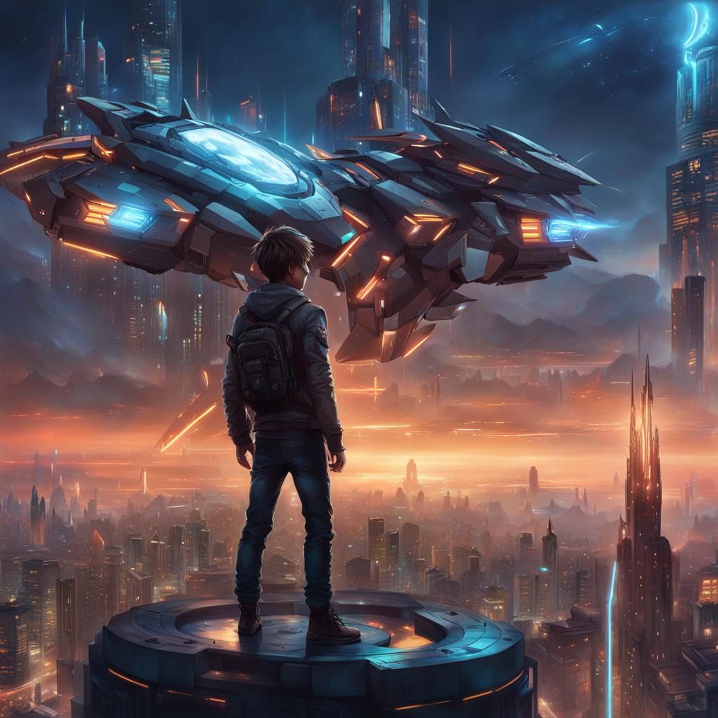 Futuristic Cityscape with Mechs in Cyberpunk Style