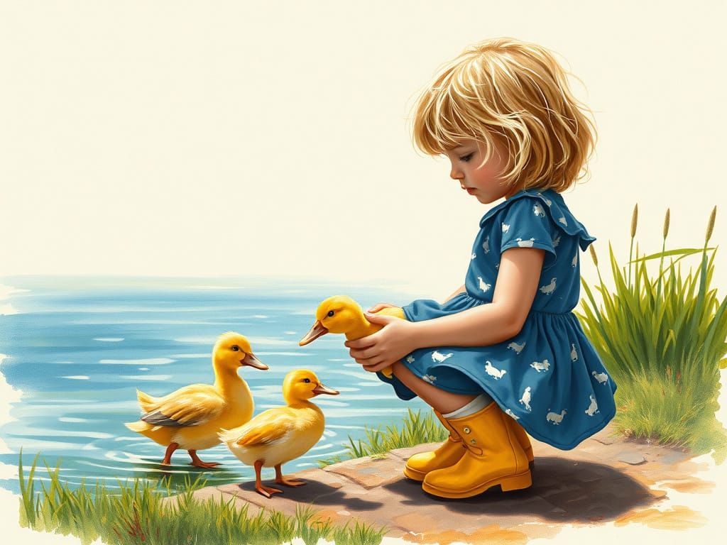 Girl and Duck by Farm Pond in Watercolor Style
