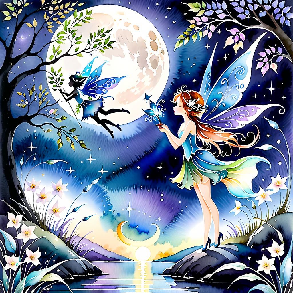 Enchanting Fairies in Moonlight: Fantasy Watercolor Painting