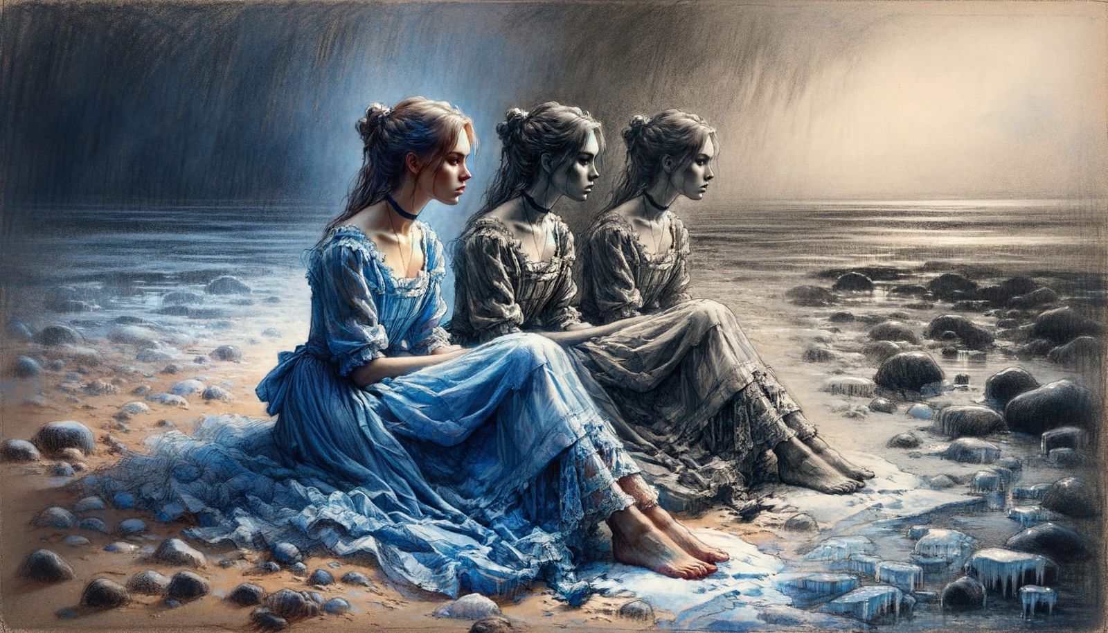 Melancholic Woman in Frosty Coastal Landscape