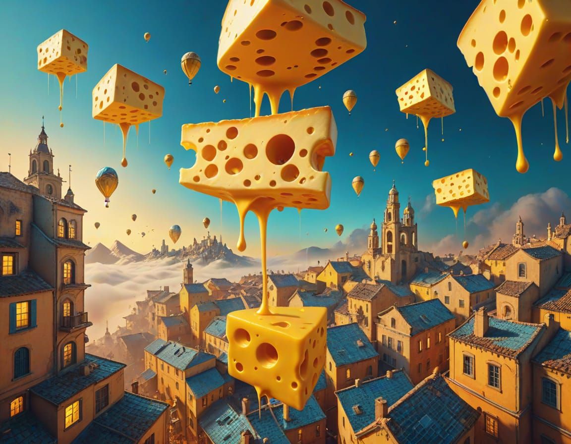 Flying Cheese of Galaxy Town in Surreal Style