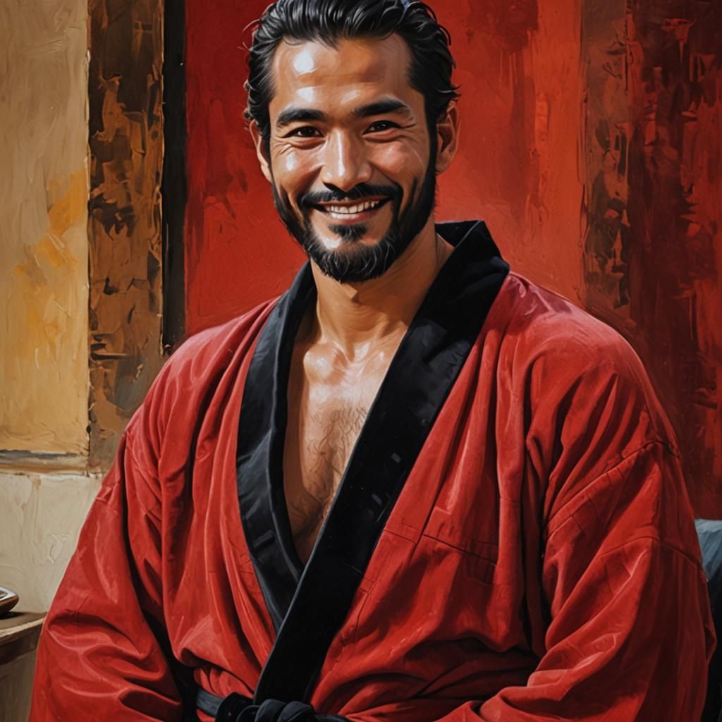 Elegant Bearded Man in Red Velvet Bathrobe, Impasto Oil Pain...
