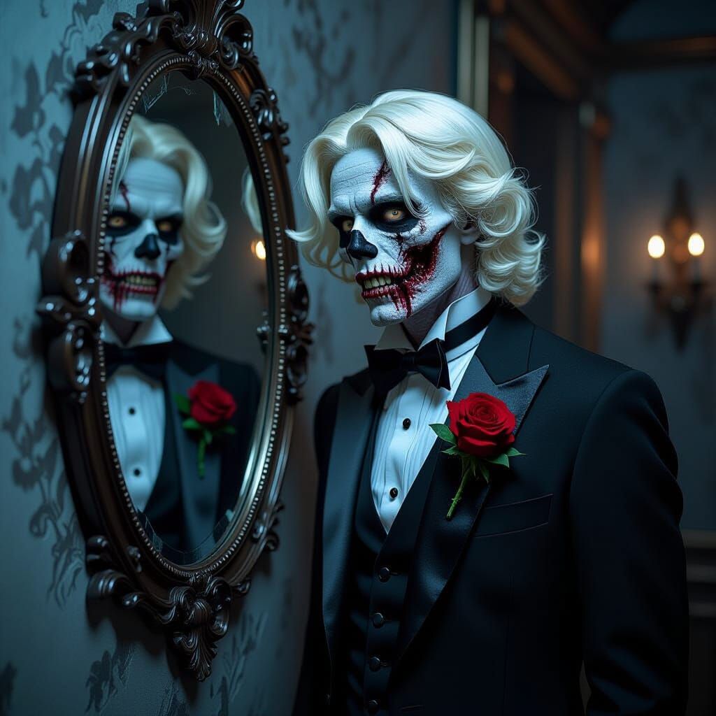 Zombie in Tuxedo Prepares for Prom in Gothic Ballroom