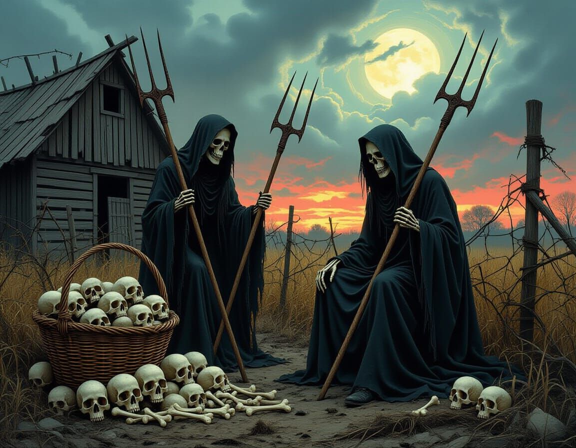 Skeletal Reapers Guarding Skull-Filled Farm at Dusk