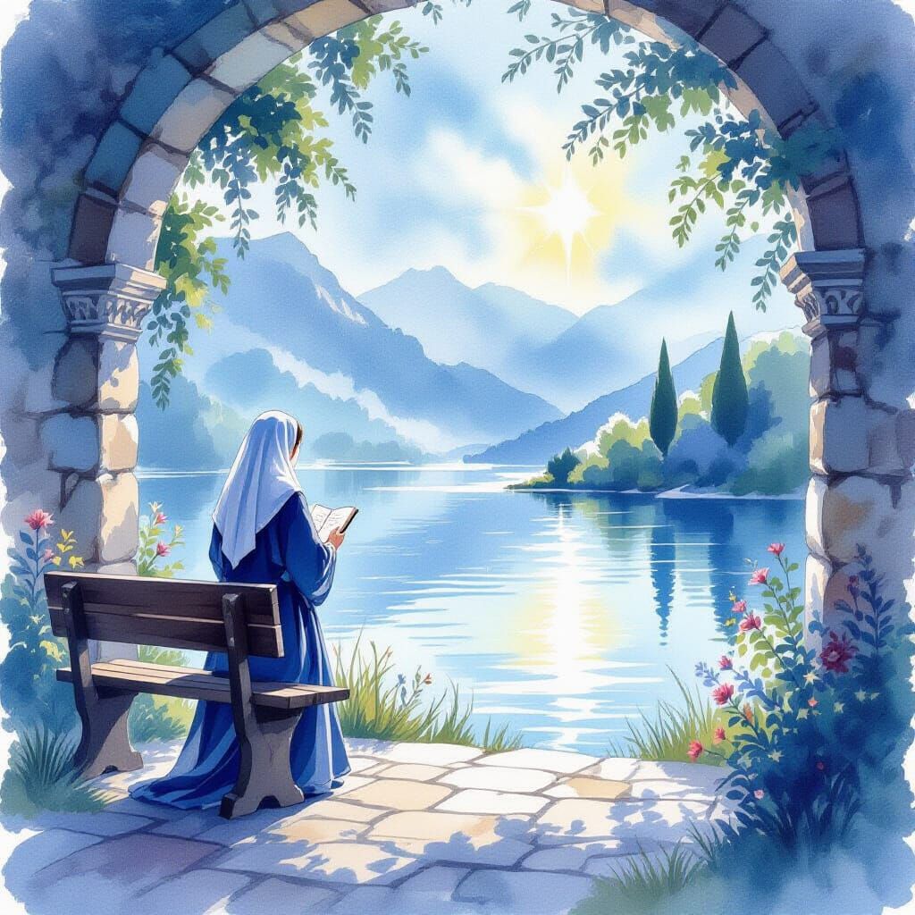Serene Holy Mass with Female Priest in Blue Watercolors