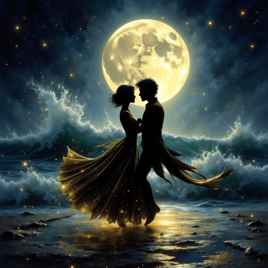 Couple Waltzing Under Moonlight on Abandoned Quay