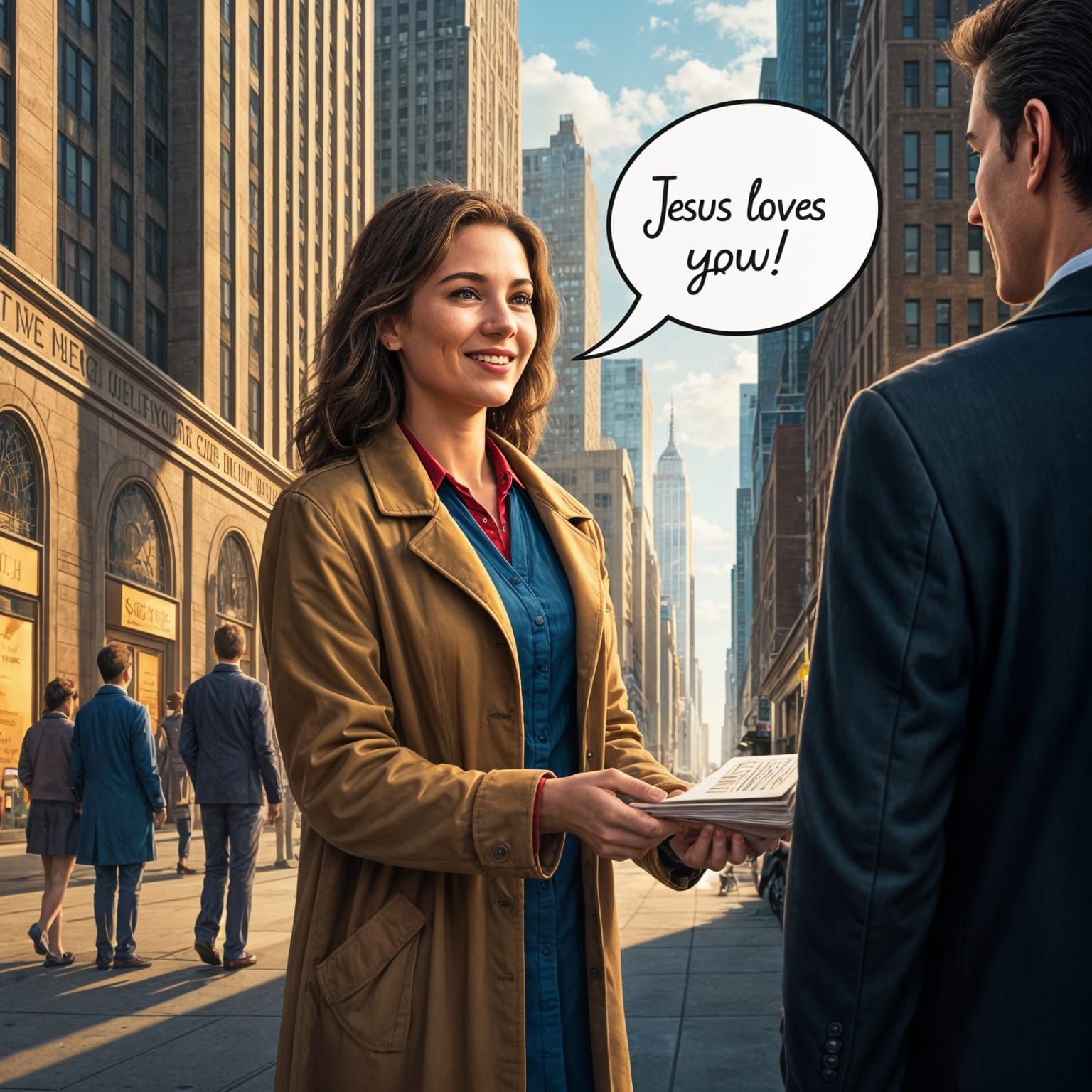 Woman Shares Message of Faith on City Sidewalk