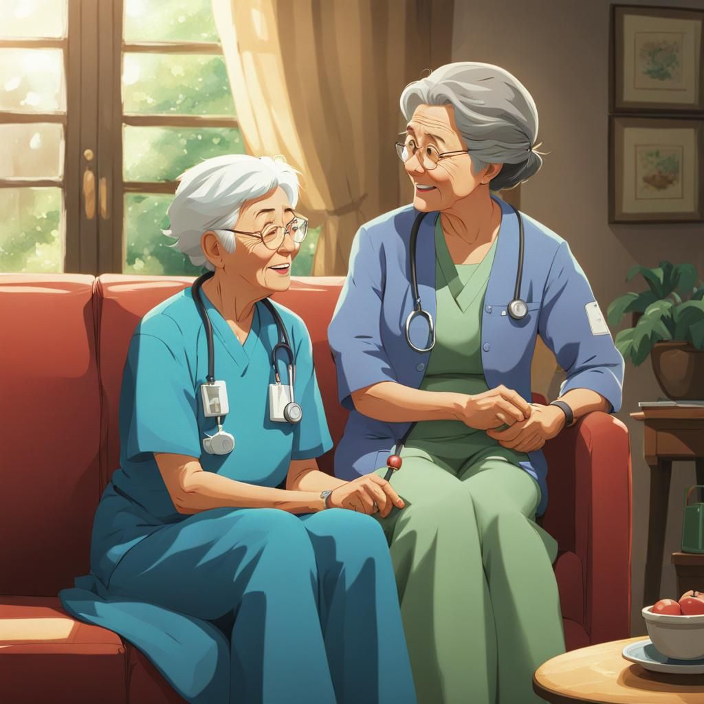 Ghibli Style: Old Woman and Young Nurse