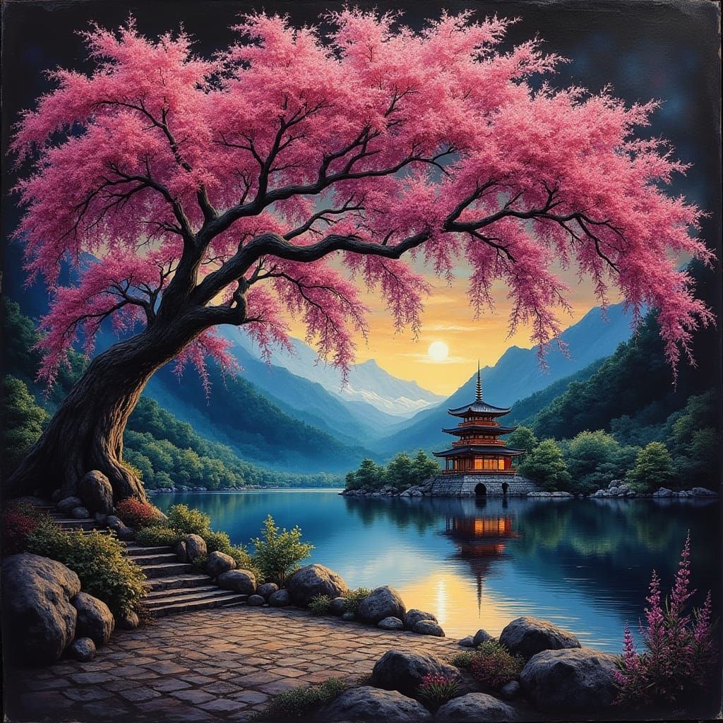 Ancient Sakura Tree in Serene Japanese Landscape at Night