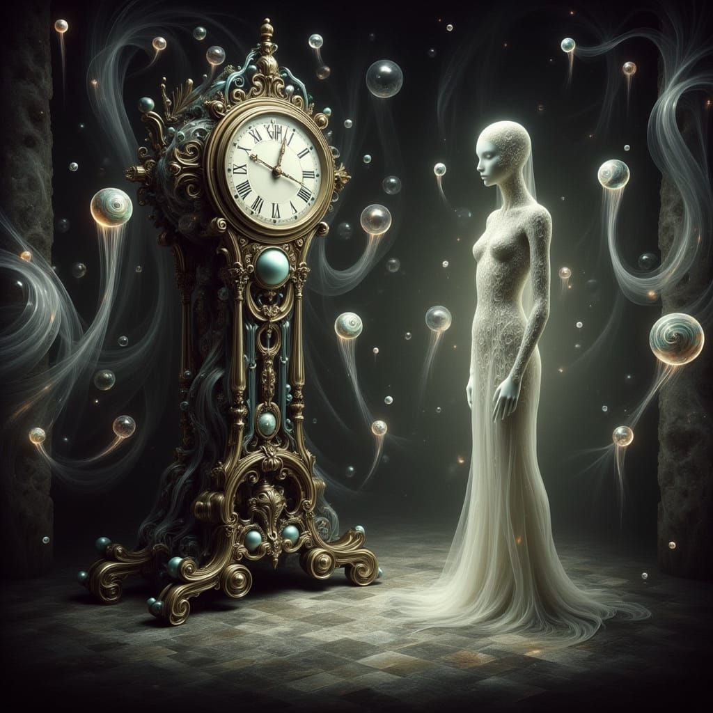 Surreal Dreamscape with Clockwork and Ethereal Ribbons
