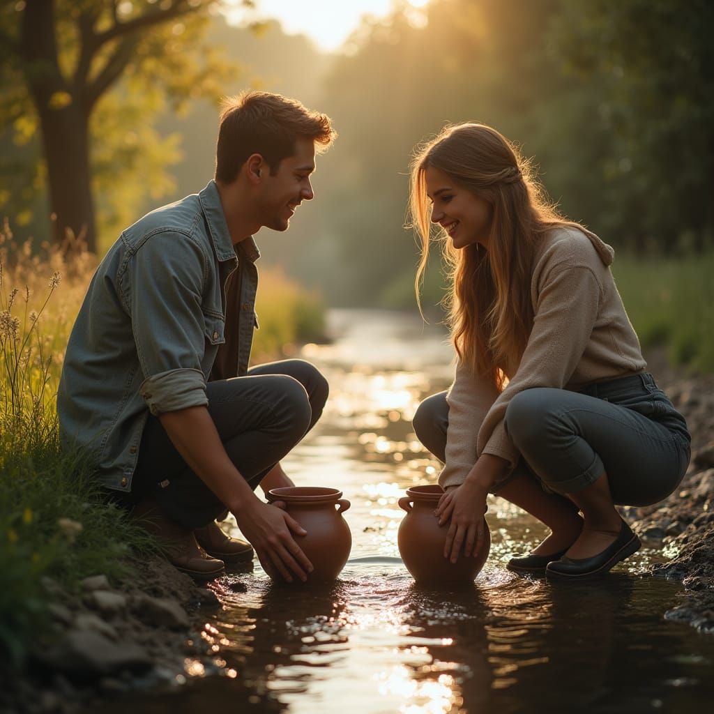 Young Couple Meets Shyly at Village Stream at Dawn