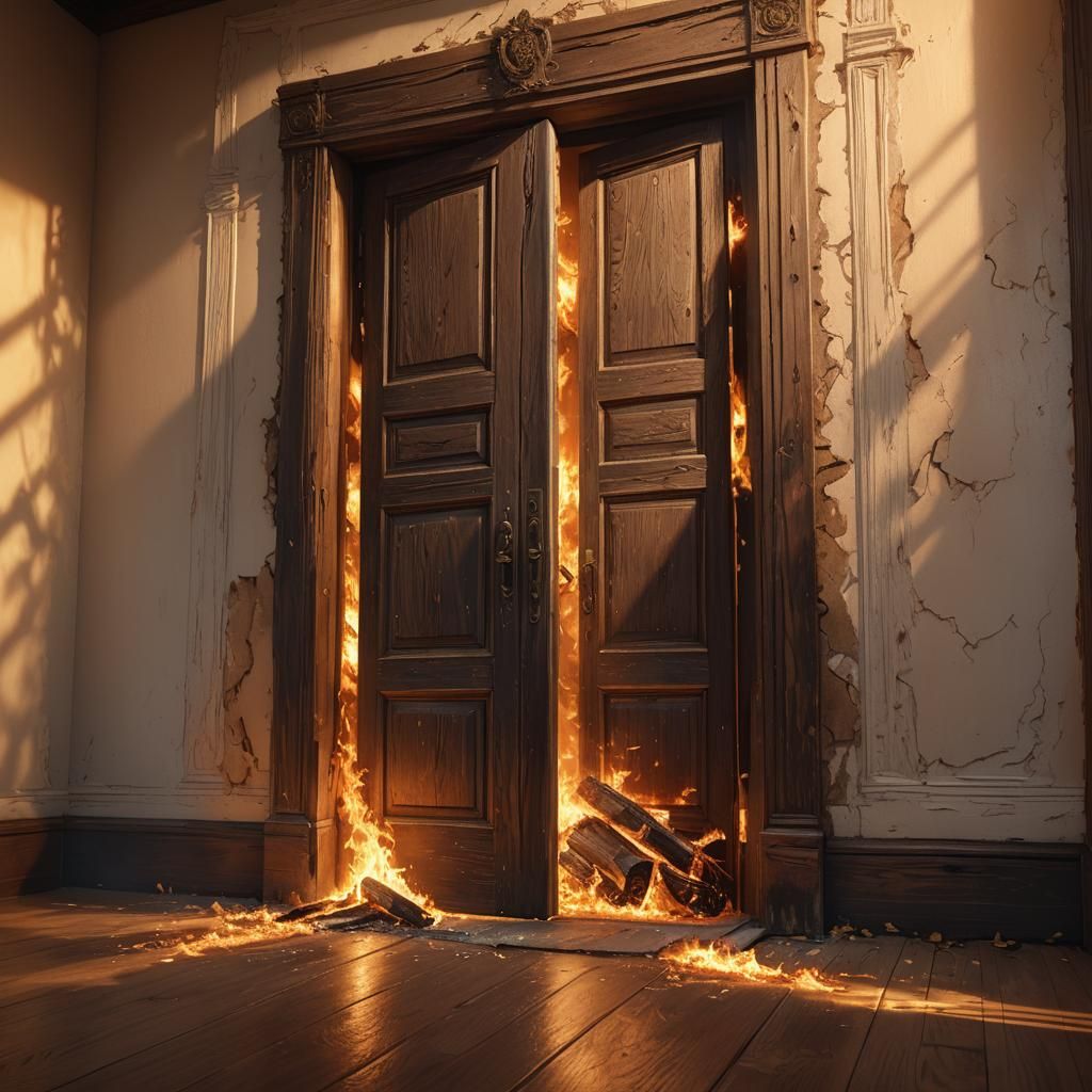 Blazing Fire Behind Old Wooden Door: Hyperrealistic Art