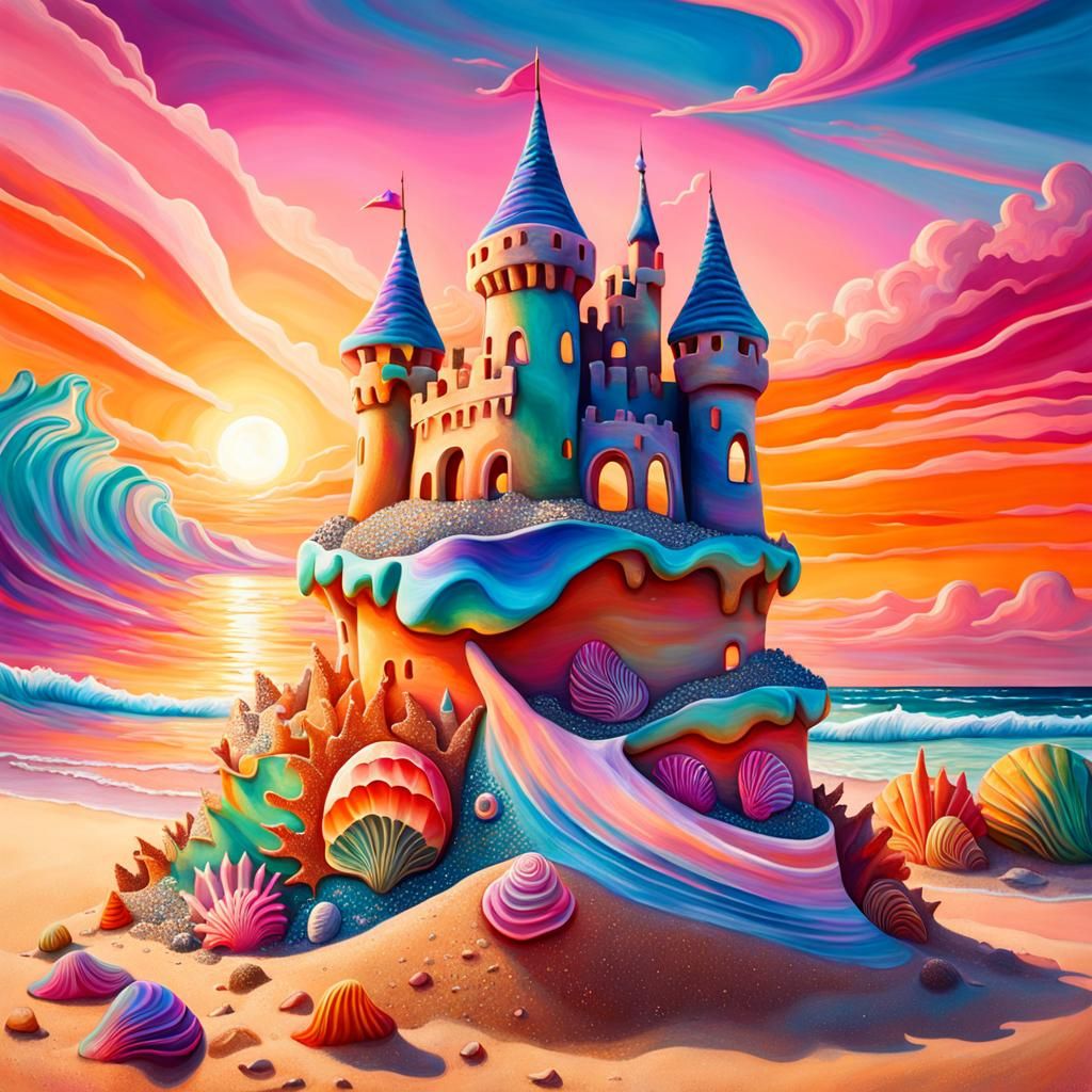 Psychedelic Sandcastle at Sunset: Surrealist Oil Painting