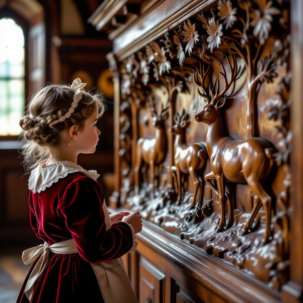 Girl Gazing at Renaissance Wood Carving
