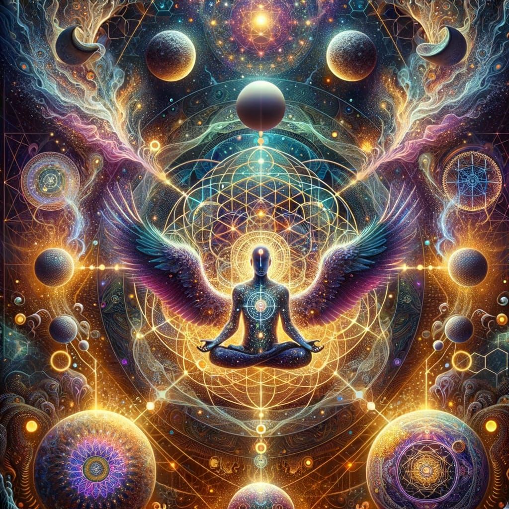Meditating Figure in Psychedelic Hexagram Portal