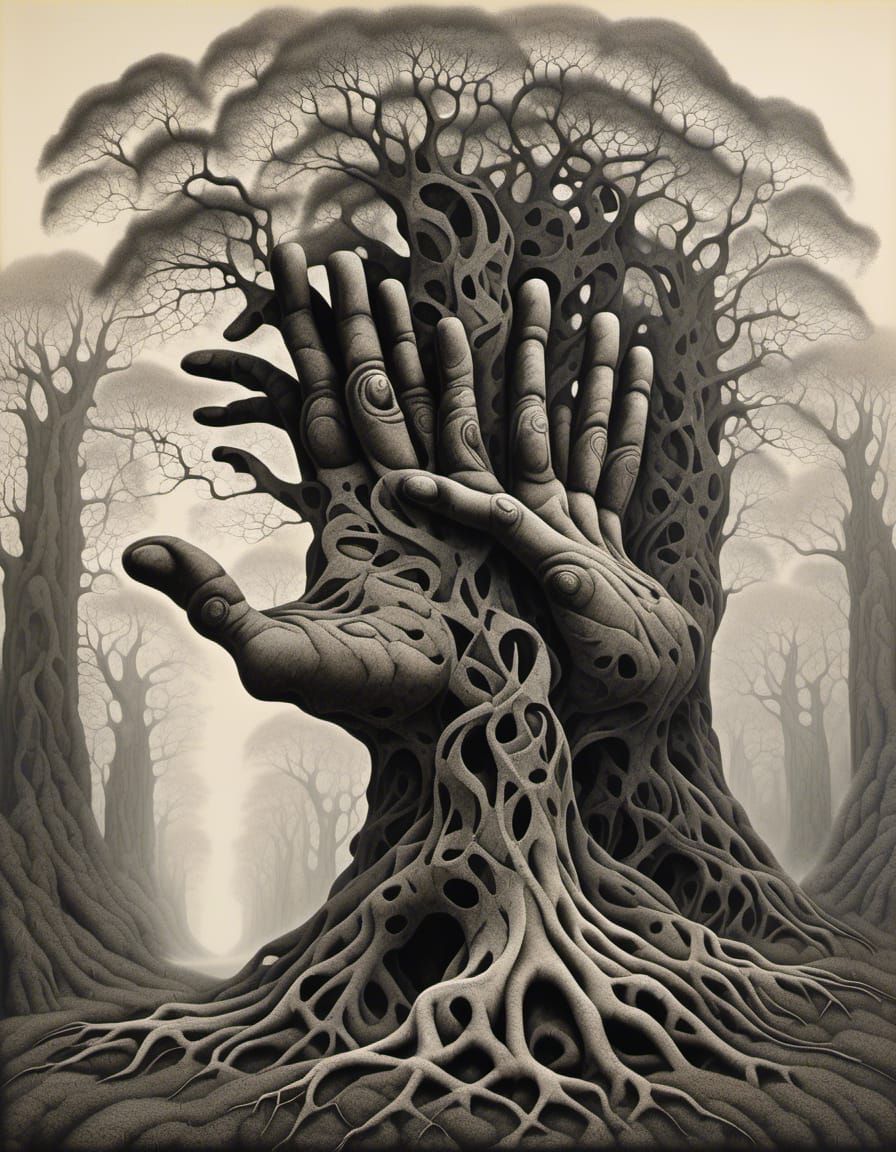 Surreal Hand-Tree Sculpture in Lush Forest