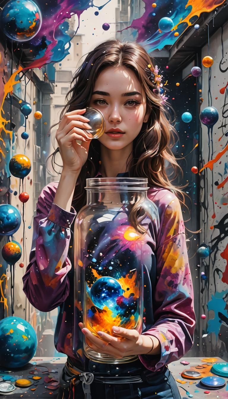 Girl Holding Universe in Jar: Graffiti Art