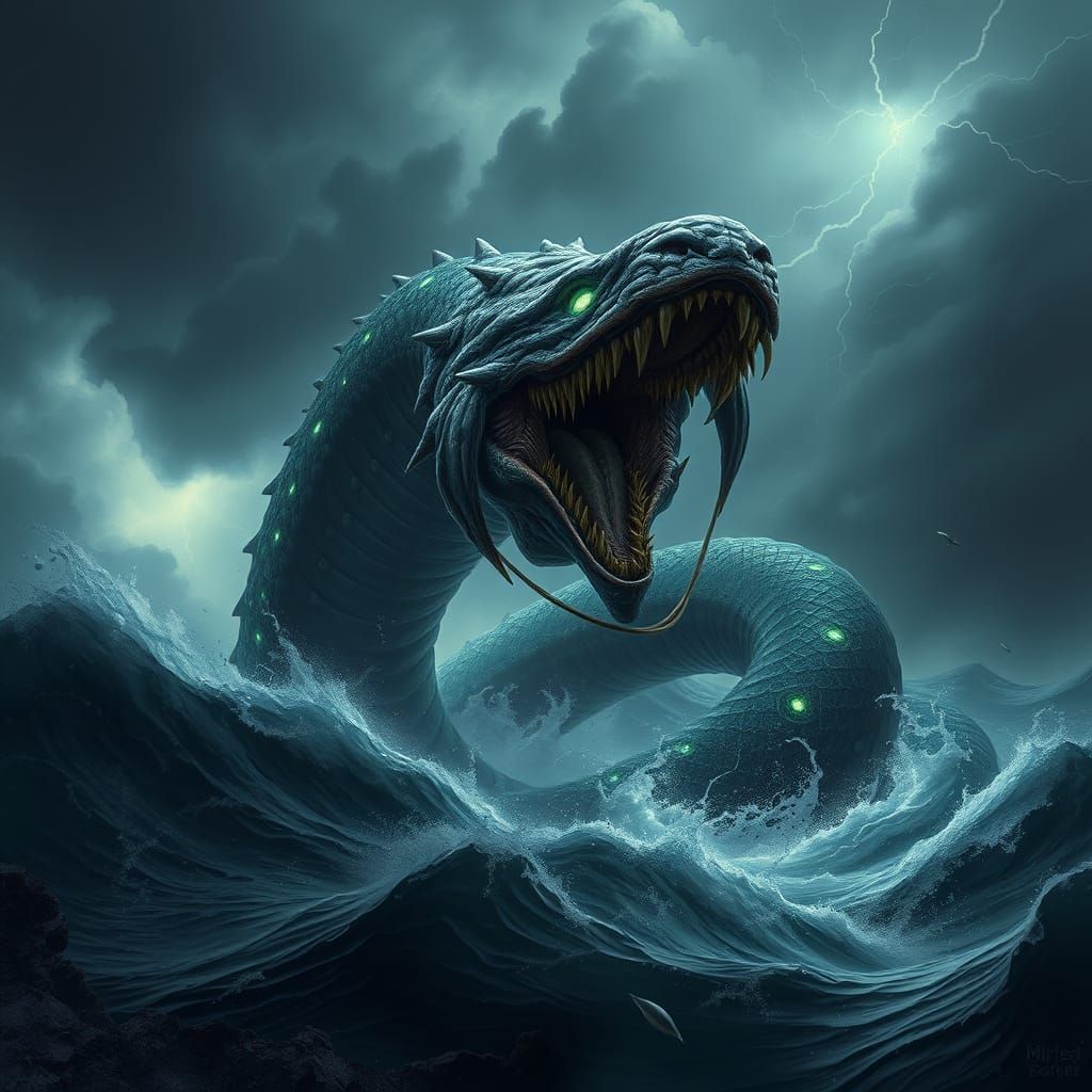 Surreal Biomechanical Sea Monster Erupts from Dark Ocean Dep...