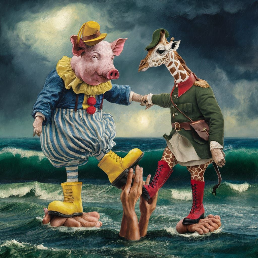 Surreal Creatures Balance in Storm, Van Gogh Style