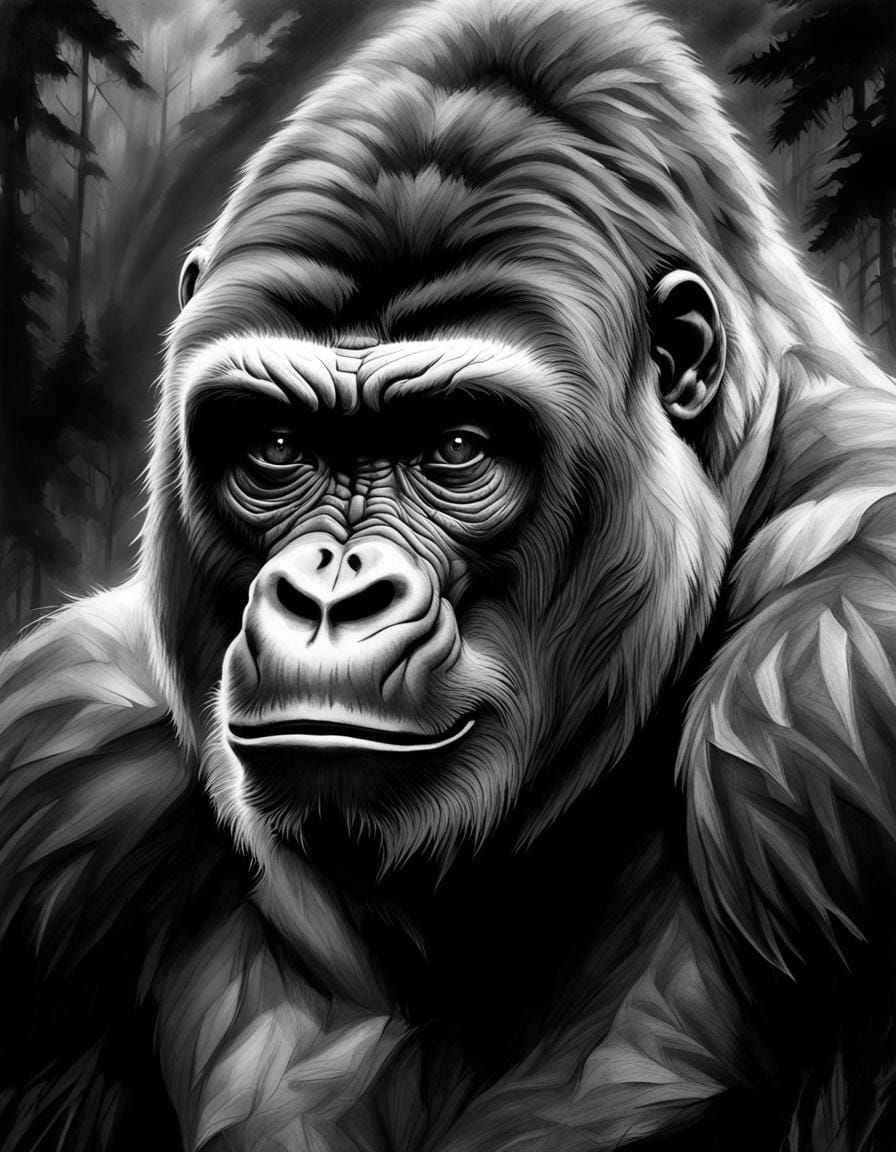 Dramatic Charcoal Portrait of Gorilla in Mist