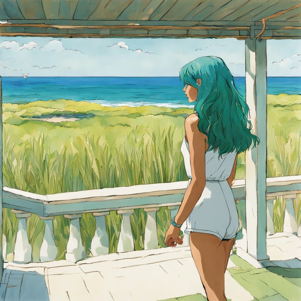 Woman with Blue Hair on Balcony Overlooking Ocean