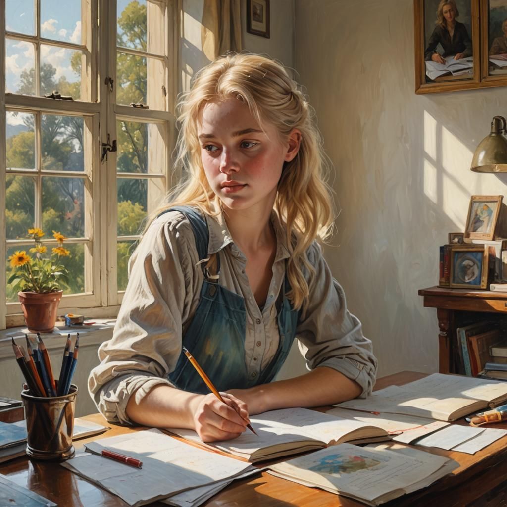 Girl Doing Homework: Oil Painting by James Gurney