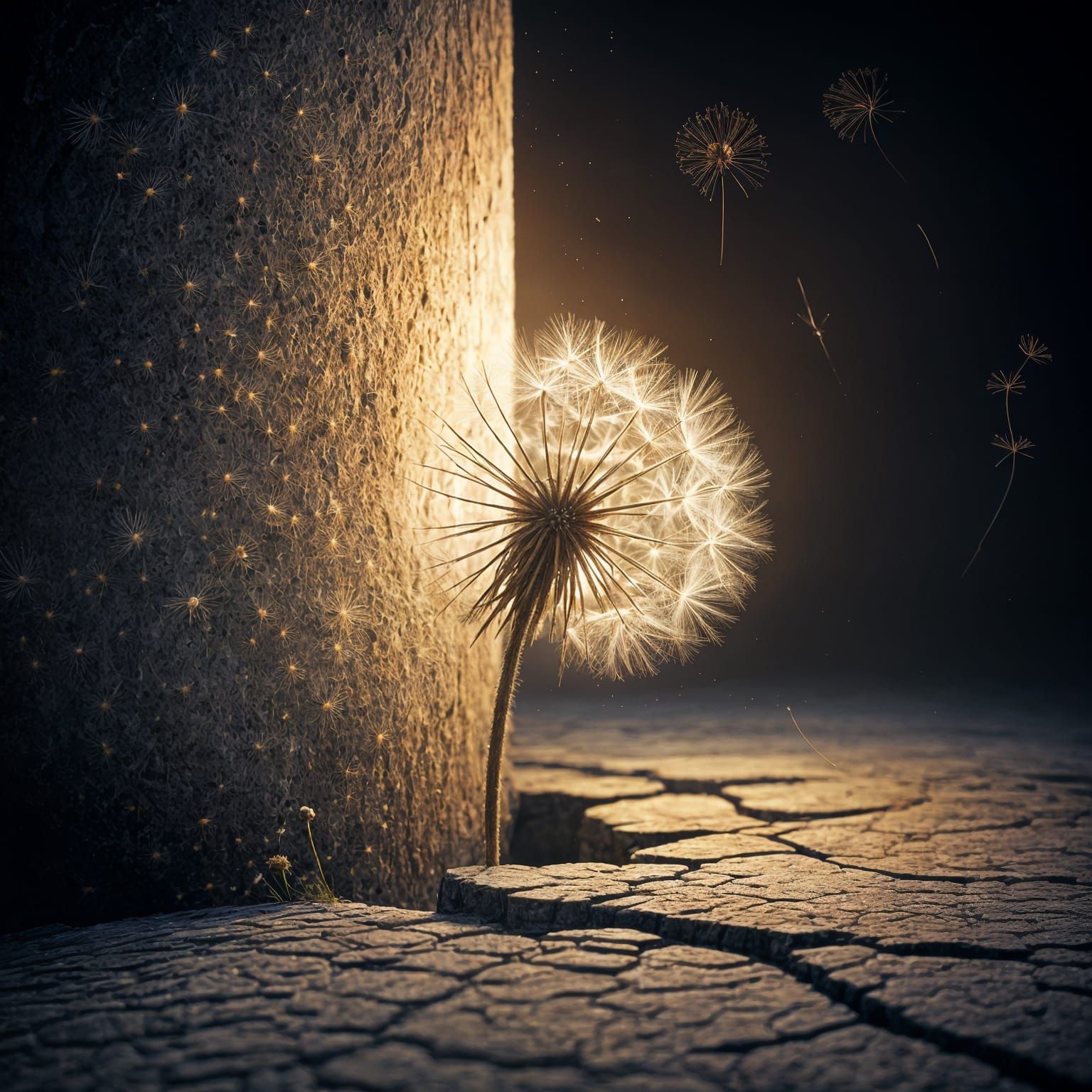 Whimsical Dandelion Blooms in Weathered Concrete