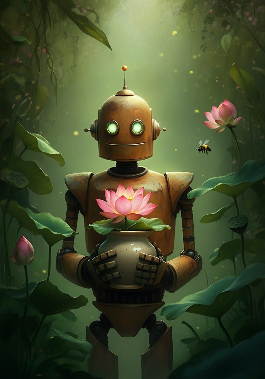 Whimsical Robot in a Serene Garden Scene