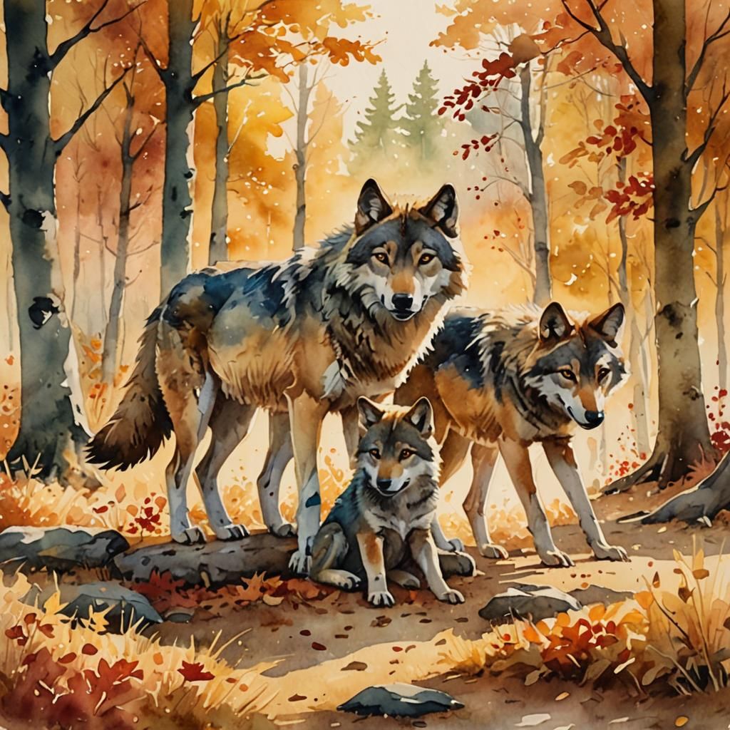 Watercolor Wolf Family in Autumn Landscape