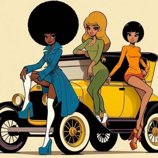 Mod Girls Pose on Vintage Model T in Retro Cartoon Style