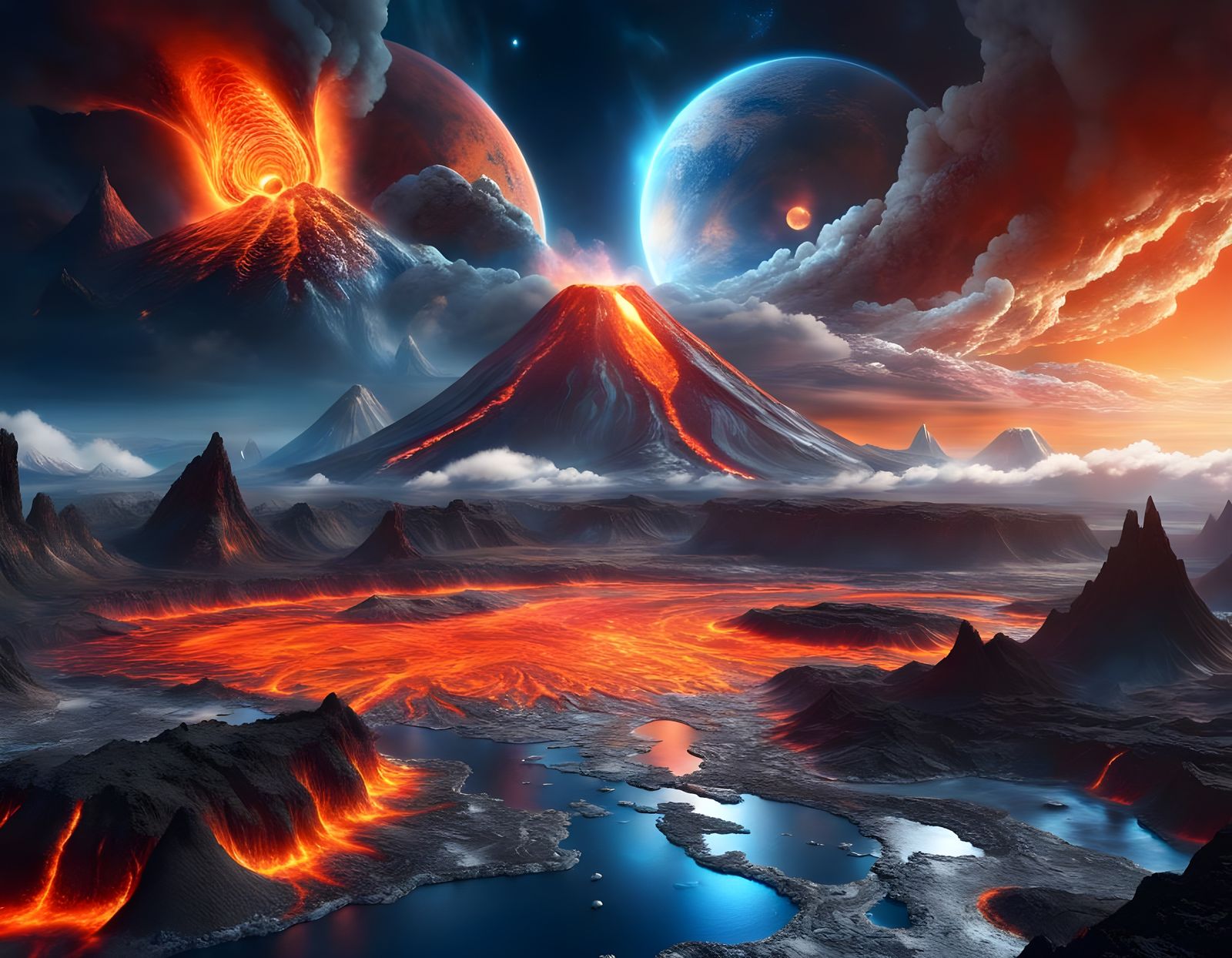 Sci-Fi Landscape with Spaceships in Digital Painting Style