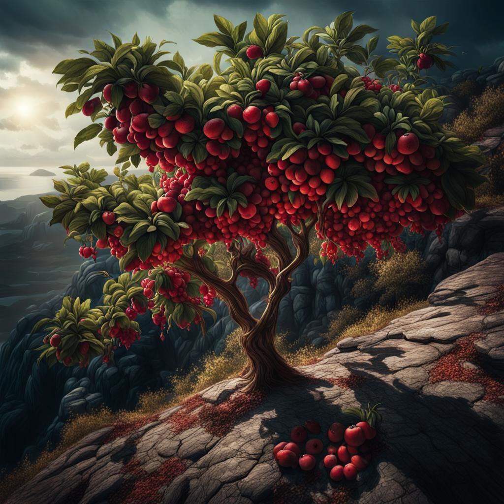 Dramatic Fruit Tree on a Cliff: Cinematic Still