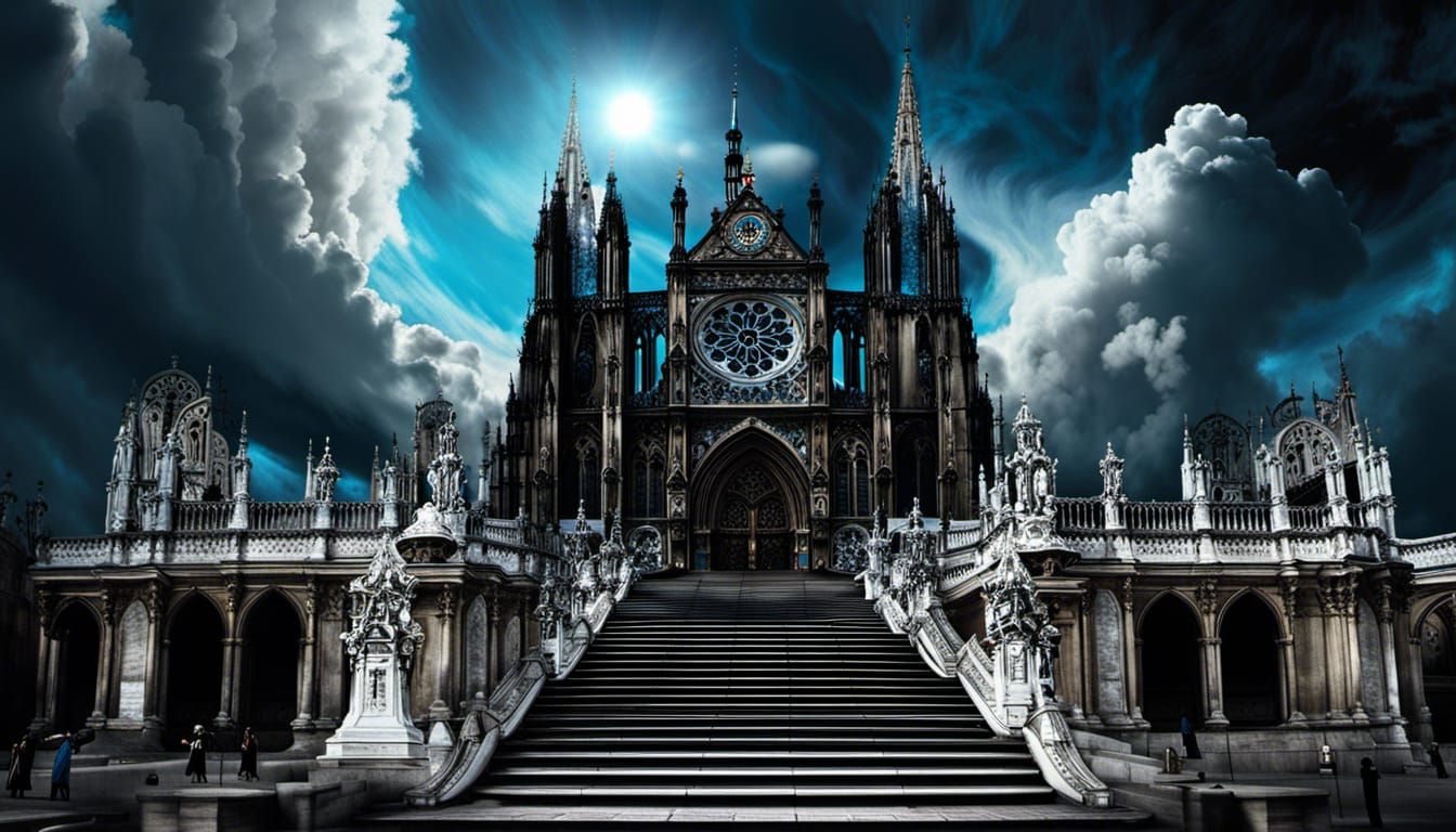 Glitch Art Staircase to Gothic Church in Sky