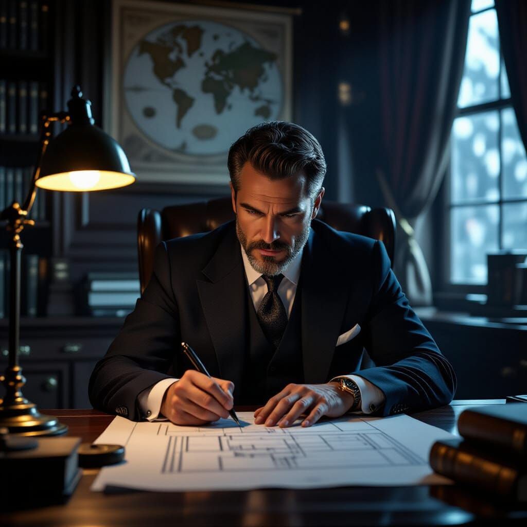 Architect Sketches Blueprints in Opulent Study