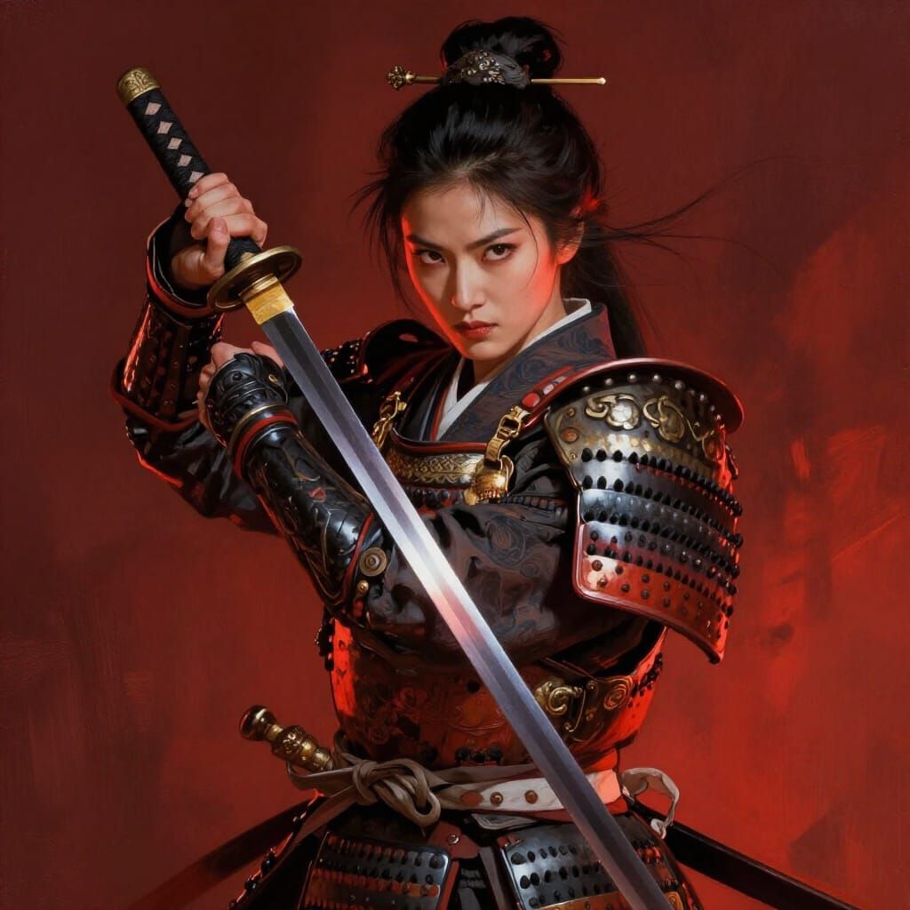 Samurai Warrior Woman in Red Hour Lighting